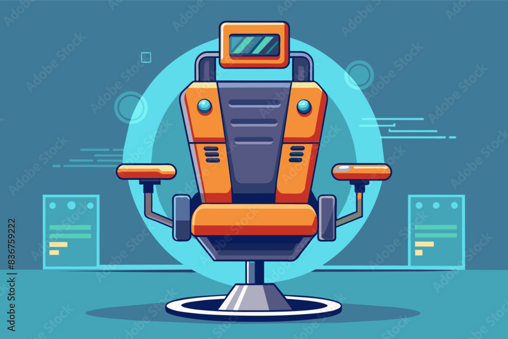 Poster a chair with a computer on it, Futuristic vector designsmart office chair that automatically adjusts to posture and comfort levels
