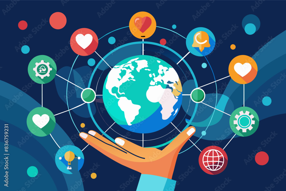 Aufkleber a hand holding a globe with icons around it, futuristic vector design hand holding a connected netwo