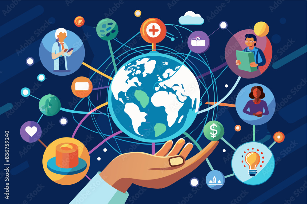 Leinwandbilder a hand holding a globe with icons around it, futuristic vector design hand holding a connected netwo