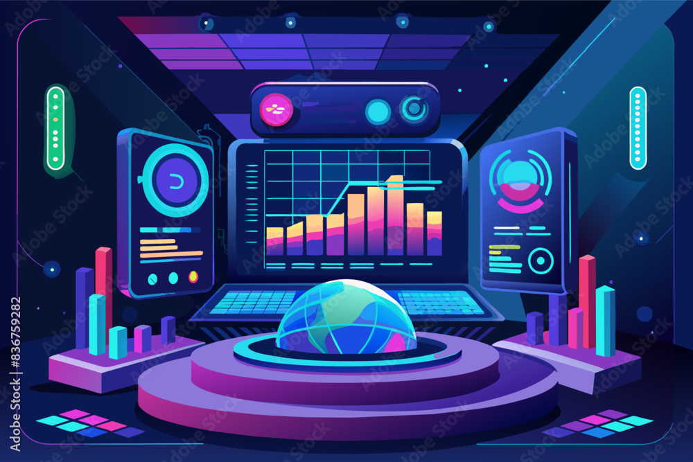 Poster a laptop computer sitting on top of a desk, futuristic vector design holographic presentation screen