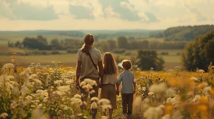 Latvian family. Latvia. Families of the World. Family enjoying a walk through a field of wildflowers on a sunny day with a scenic view in the background. . #fotw