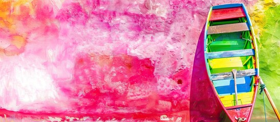 A colorful boat is sitting on a pink river The boat is multi-colored and has a wooden paddle Generative AI
