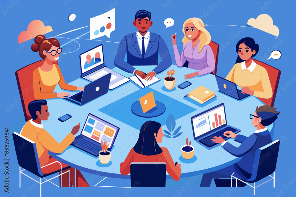 Poster a group of people sitting around a table with laptops, dynamic vector artworkconference room table s