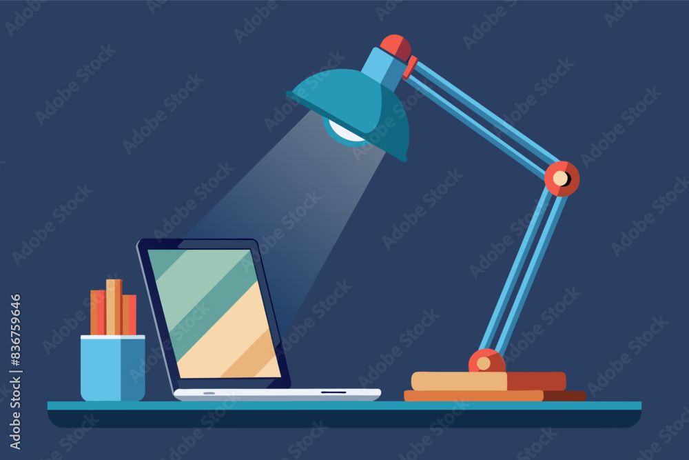 Fototapete a laptop computer sitting on a desk with a lamp, detailed vector designsleek modern desk lamp illumi