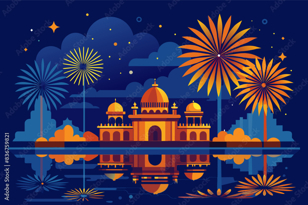 Poster a building with fireworks and fireworks in the sky, dark blue and orange color palette exploding fir