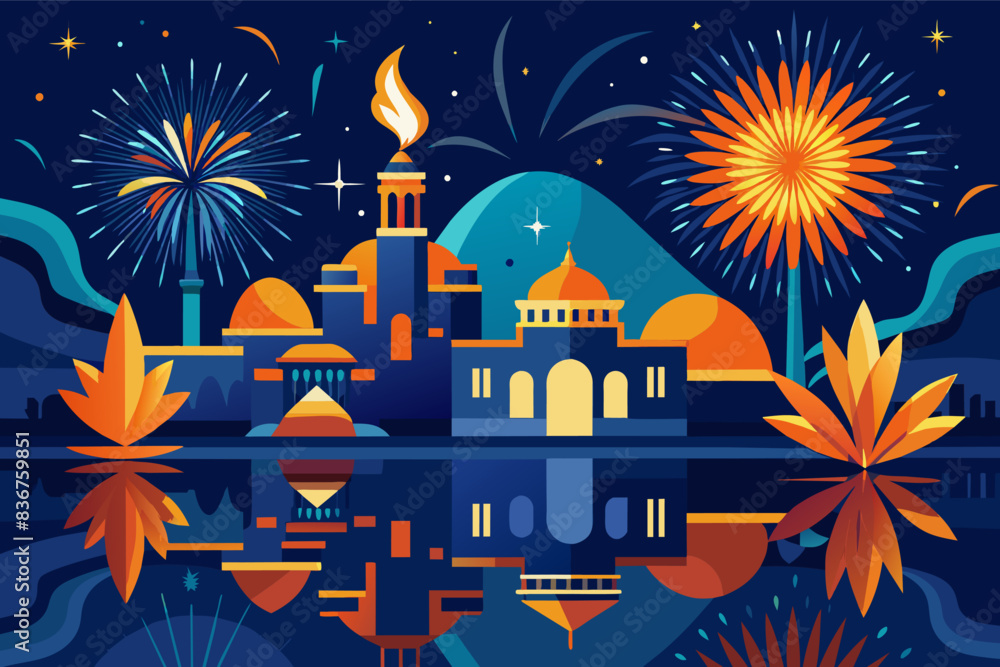 Poster a building with fireworks and fireworks in the sky, dark blue and orange color palette exploding fir