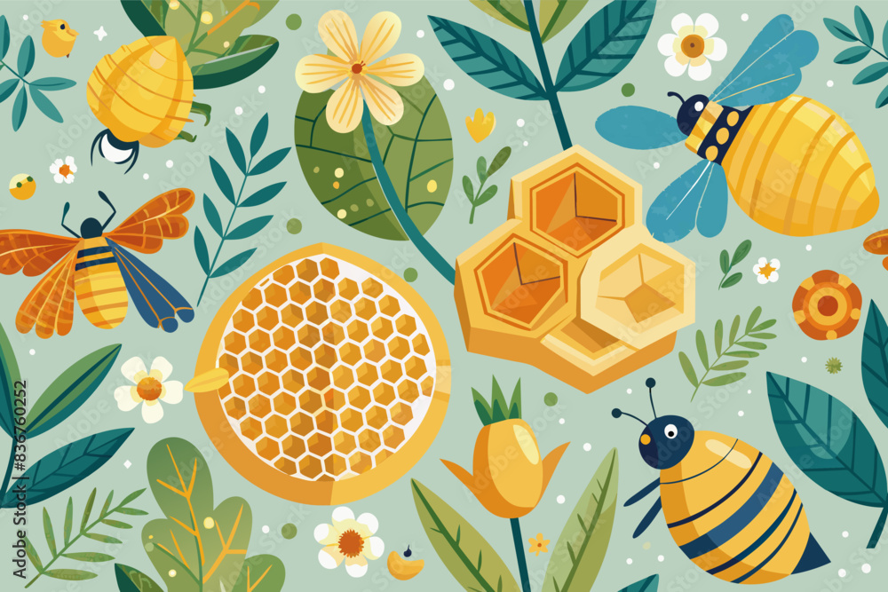 Poster a pattern of bees and honeys, a pattern of bees and honeys, whimsical vector illustration setreusabl