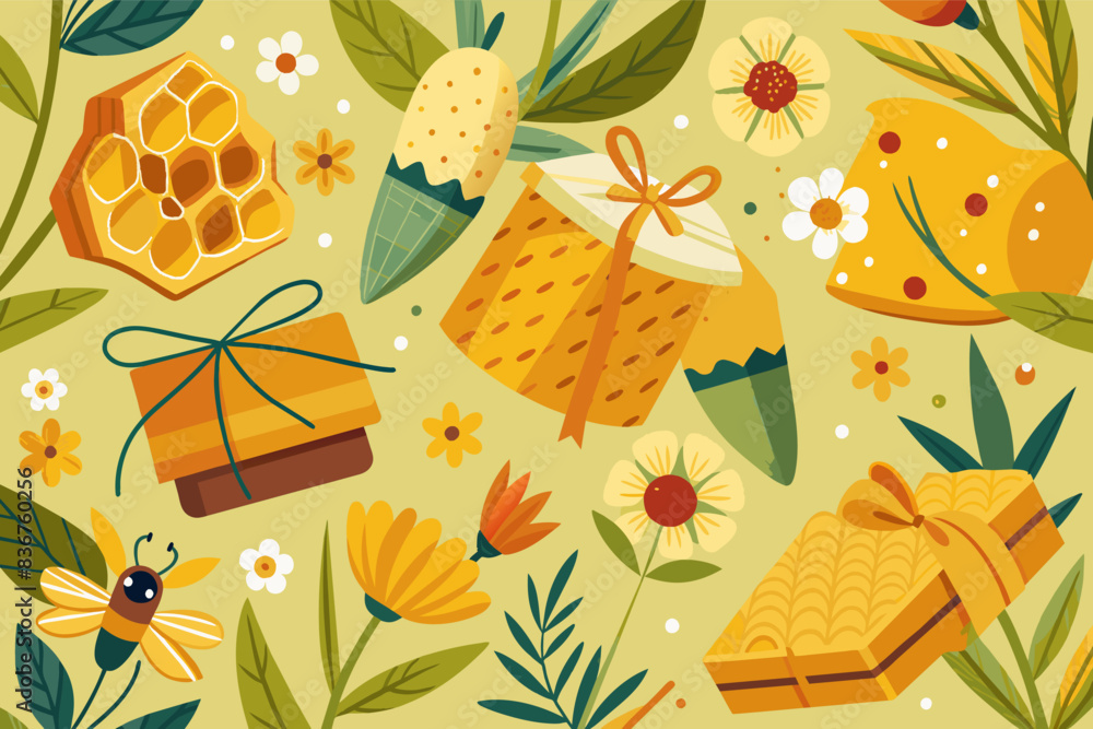 Poster a pattern of bees and honeys, a pattern of bees and honeys, whimsical vector illustration setreusabl