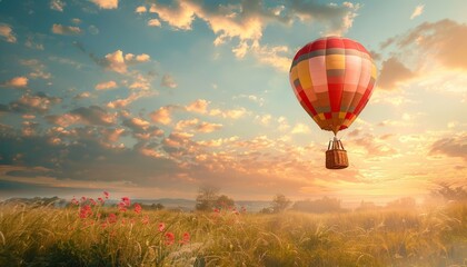 Obraz premium Floating on a Dream: The Serene Beauty of an Empty Basket Hot Air Balloon Against a Stunning Backgro