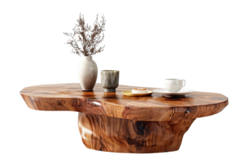 Wooden Coffee Table with Dried Flowers and Coffee Cup
