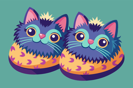two cats are sitting on a pillow, two cats are sitting on a pillow, whimsical vector Illustration pairfuzzy slippers adorned with cat faces, perfect for cozy evenings at home