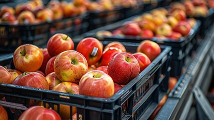 Packed crates of apples with shipping labels, sitting on a conveyor belt in a distribution center