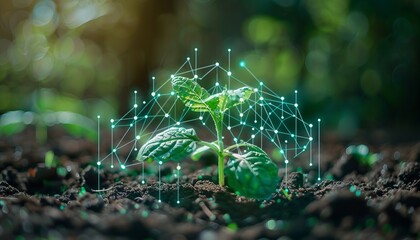 A small plant growing in soil surrounded by a digital network illustration, representing the intersection of technology and nature.