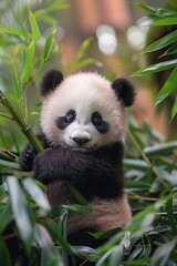 Fototapeta premium Adorable panda cub climbing bamboo. Perfect nature and wildlife image for animal lovers and conservation themes.