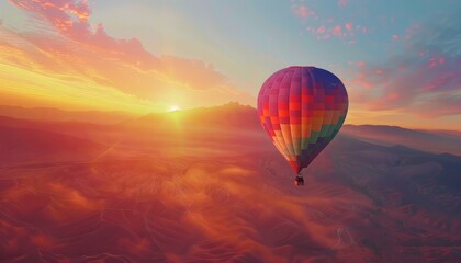 Obraz premium 4K Splendor: The Enchanting Dawn Adventure of a Colorful Hot Air Balloon Soaring in Majestic Glory
