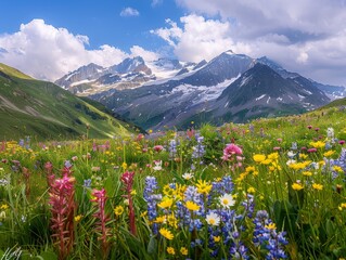 Fototapeta premium A picturesque meadow filled with wildflowers at the base of towering snow-capped mountains.