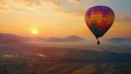Obraz premium Vibrant Sunrise Journey: Spectacular 4K Hot Air Balloon Flight in Magnificent AR 7:4