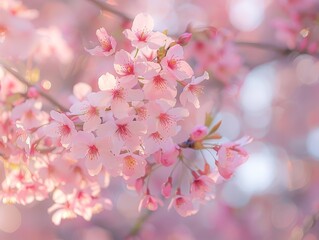 Fototapeta premium Delicate pink cherry blossoms in full bloom, creating a canopy of flowers in a serene park setting.