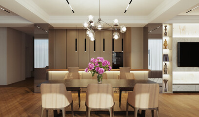 Interior design of a modern apartment. 3D visualization of the interior. Light colors in the interior. Modern style in the interior.