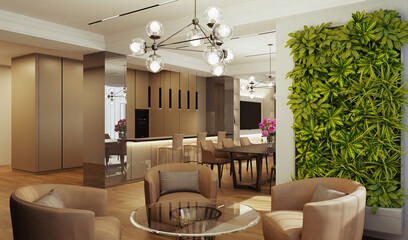 Interior design of a modern apartment. 3D visualization of the interior. Light colors in the interior. Modern style in the interior.