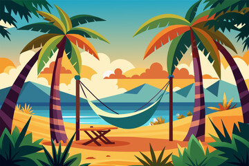 a bicycle parked in a hammock near a campfire, portable hammock strung between two palm trees, offering a place for relaxation amidst nature
