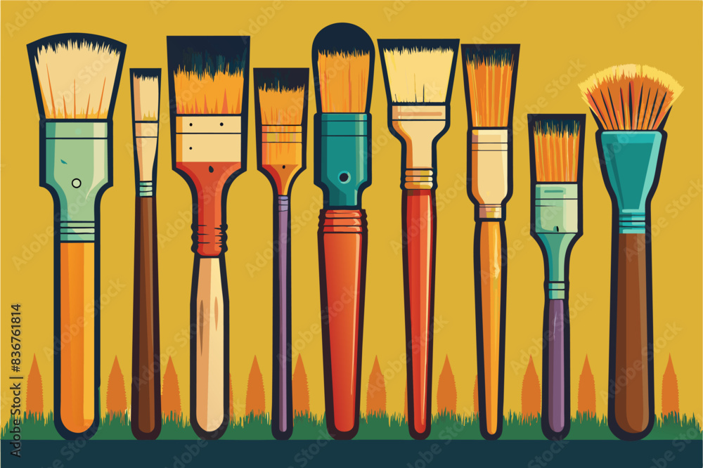 Poster a group of paint brushes with different colors, setpaintbrushes, showcasing their different sizes an