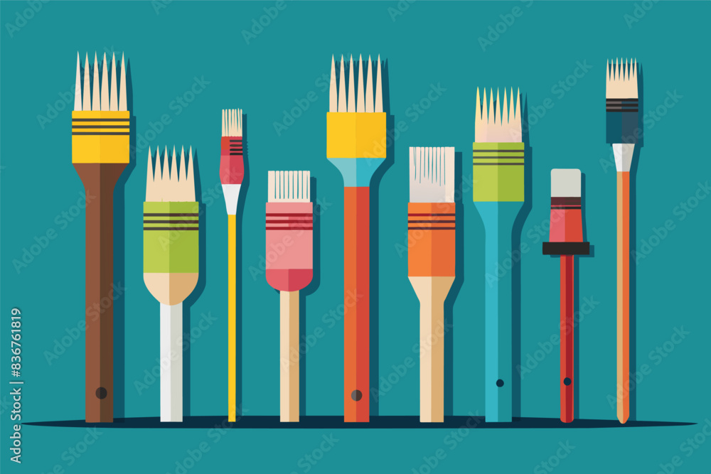 Poster a group of paint brushes with different colors, setpaintbrushes, showcasing their different sizes an