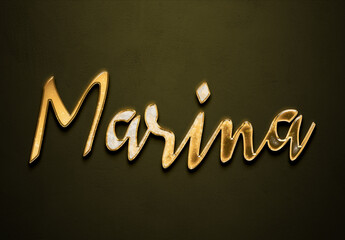 Old gold text effect of name Marina with 3D glossy style Mockup.