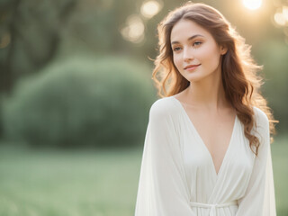 Obraz premium Beautiful smiling woman in white elegant brunette girl with eyes reflecting wisdom and grace peaceful serene angelic ethereal