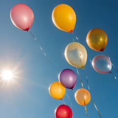 a bunch of balloons with the sun shining through the clouds.