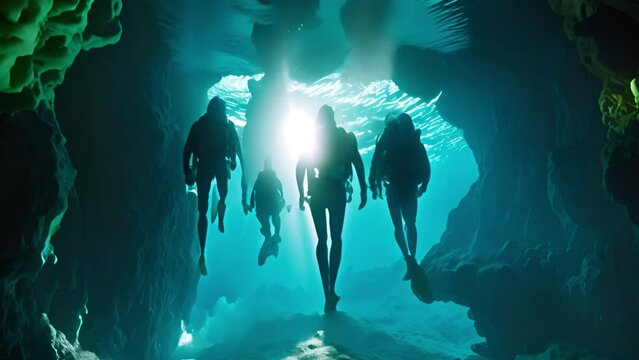 a teacher for cave diving guiding a party of divers