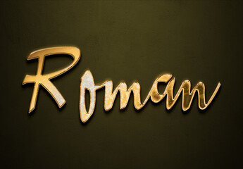 Old gold text effect of name Roman with 3D glossy style Mockup.