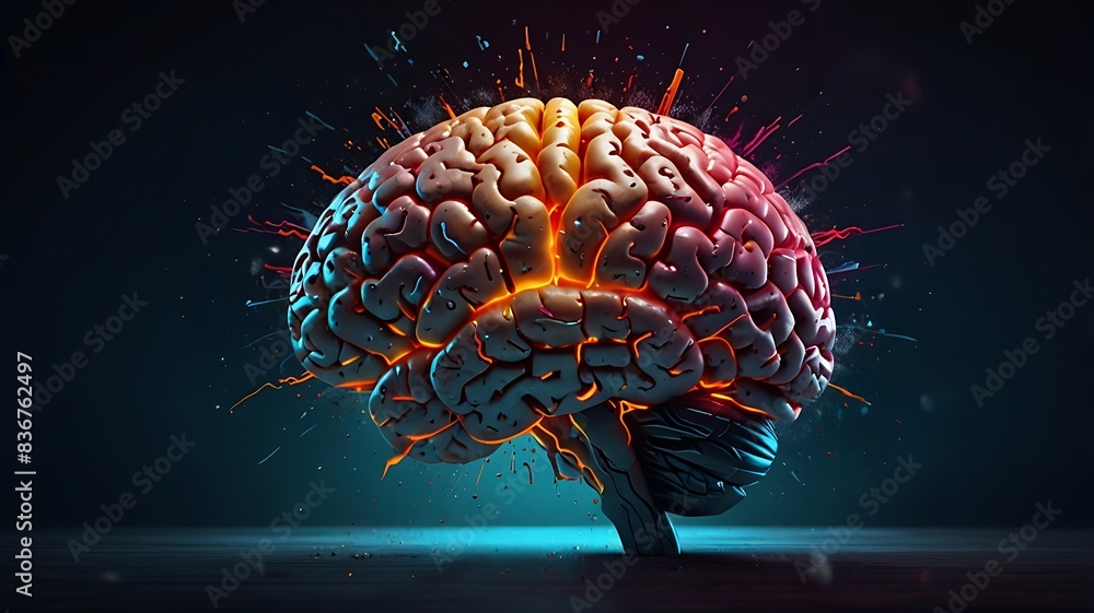 Poster Vibrant brain on black background 