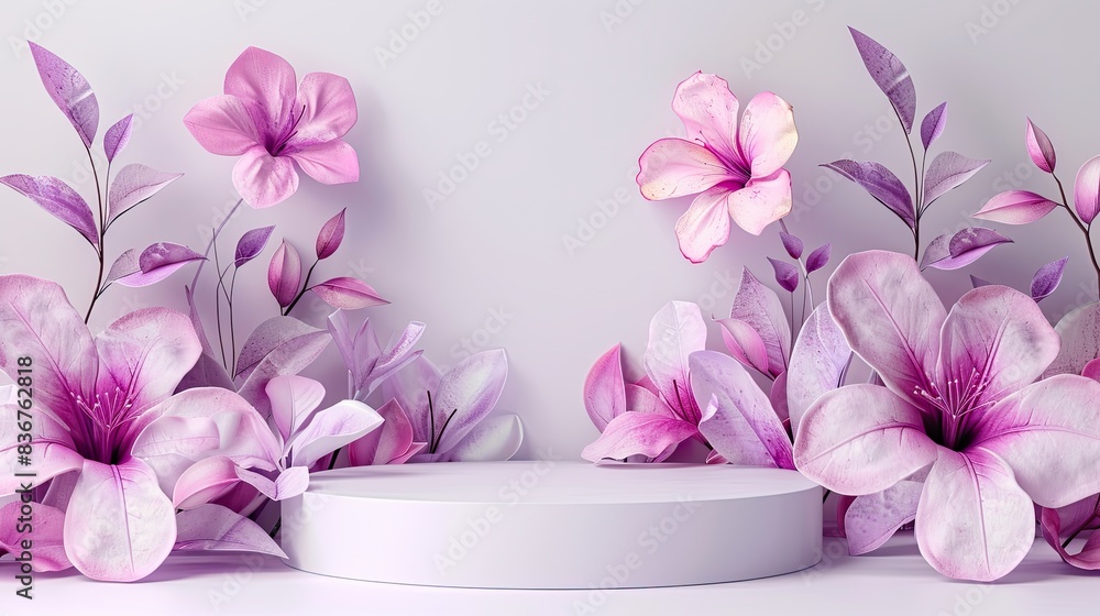 Wall mural purple podium. violet flowers. A modern abstract design featuring smooth violet gradients, geometric rectangles, and subtle floral elements. Generative AI	 - Wall murals