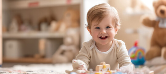 Fototapeta premium A Smiling Toddler Boy Playing With Toys And Surrounded By Teddy Bears In A Cozy Indoor Setting