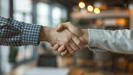 Close-up of a business handshake in an office setting, symbolizing partnership, agreement, and teamwork, blurred background with lights.