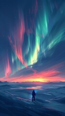 Fototapeta premium A serene winter night depicted in a simple, digital art style, highlighting the mesmerizing spectacle of aurora borealis. The glowing horizon and the colorful sky add a touch of magic to the stark,