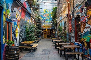 Fototapeta premium A vibrant, street art-covered alleyway in a trendy urban neighborhood generated by AI