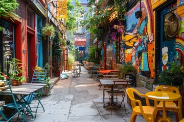 A vibrant, street art-covered alleyway in a trendy urban neighborhood generated by AI