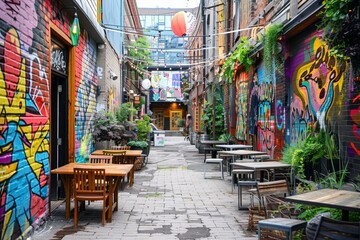 Fototapeta premium A vibrant, street art-covered alleyway in a trendy urban neighborhood generated by AI