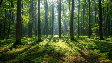 Fototapeta premium Serene green forest with tall trees, sunlight filtering through leaves, casting shadows on a mossy forest floor. Peaceful nature scenery.