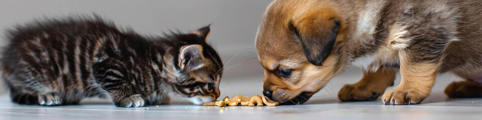 A close-up of a kitten and puppy eating together on an isolated solid background, set in the corner of the image