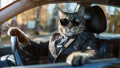 dressed cat in sunglasses driving a car driving along the road