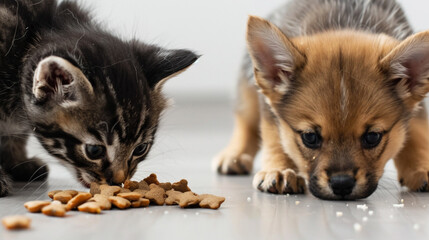 Obraz premium A close-up of a kitten and puppy eating together on an isolated solid background, set in the corner of the image
