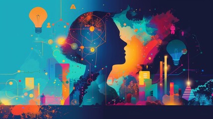 Colorful abstract portrait of a woman with technology and innovation concept.