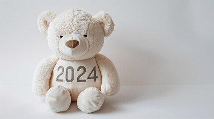 胸に2024と刺繍された白いクマのぬいぐるみ。コピースペース