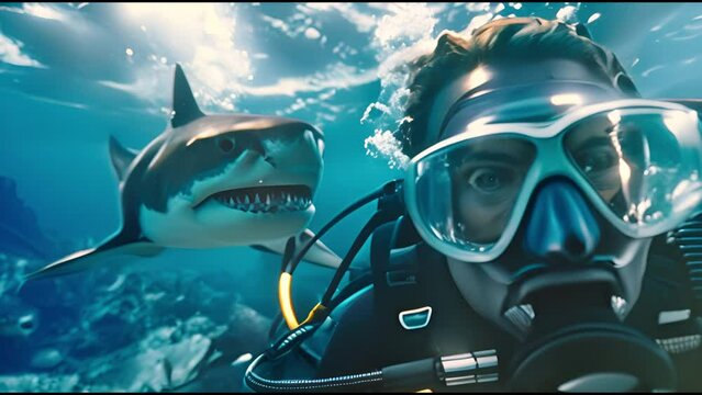 taking a selfie underwater with a pal. Shark and scuba diver in the deep ocean.