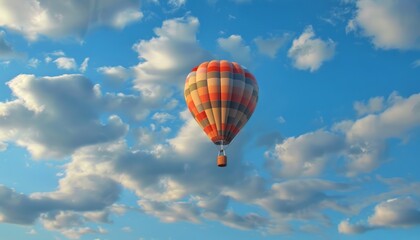 Obraz premium Captivating Views: Hot Air Balloon Soaring through a Dreamy Blue Sky