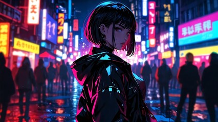 A cyberpunk style character with dark hair and headphones wearing a black leather jacket against the background of a neon city