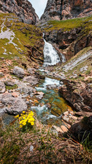 Admiring the majesty of the Arazas River waterfall in the magical setting of Ordesa y Monte Perdido National Park, a natural jewel in the Pyrenees of Huesca, Aragon.
